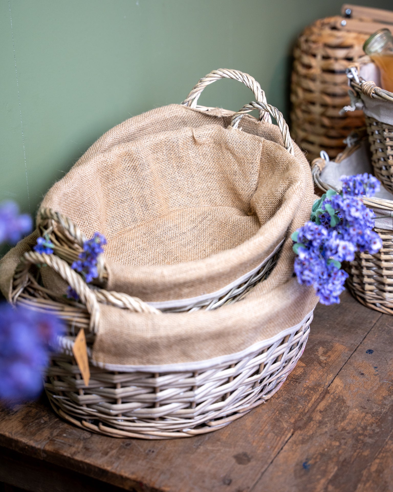 Ovale mand jute bekleed white wash L 48x37x16cm