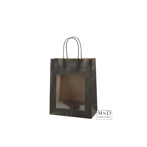 Papieren draagtas met venster zwart gedraaid handvat 50 stuks 22x11x28cm