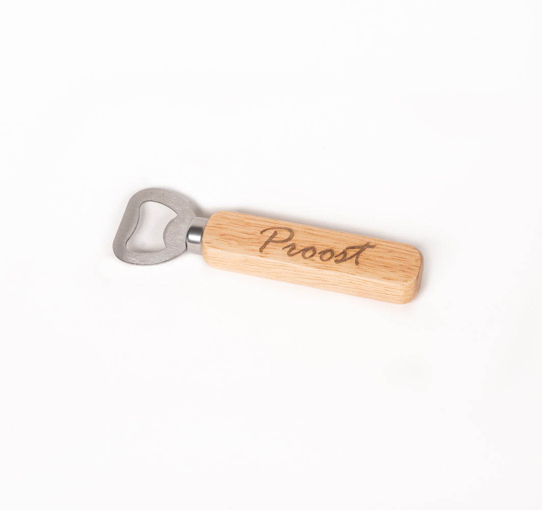 FLESOPENER RVS MET EIKENHOUT 'Proost'