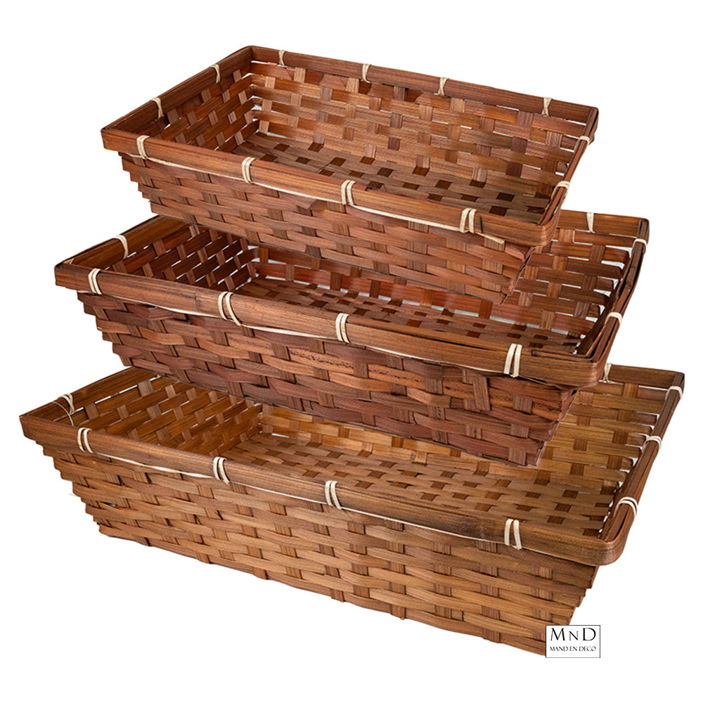 Bamboe manden bruin set van 3 (L/M/S) > L 42x30x10cm | M 38x26x9cm |  S 34x22x8cm