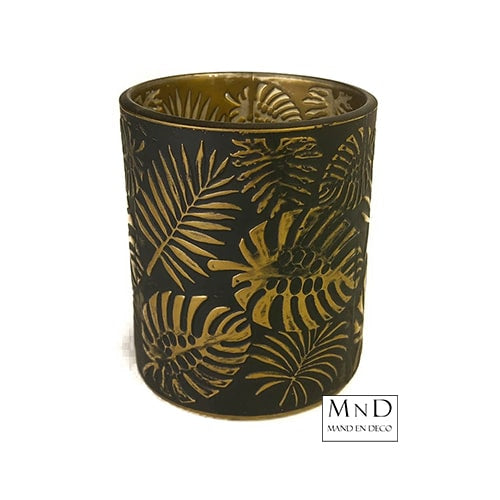 Theelichthouder rond zwart/goud M Ø8.5x10cm