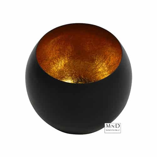 Theelicht Obion rond M zwart/goud Ø15.5x14.5cm