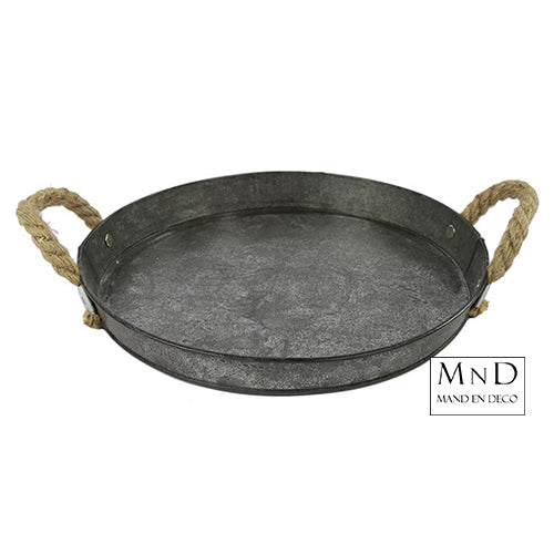 Dienblad zink dark finisched met touw rond SIM L 25x25x3cm
